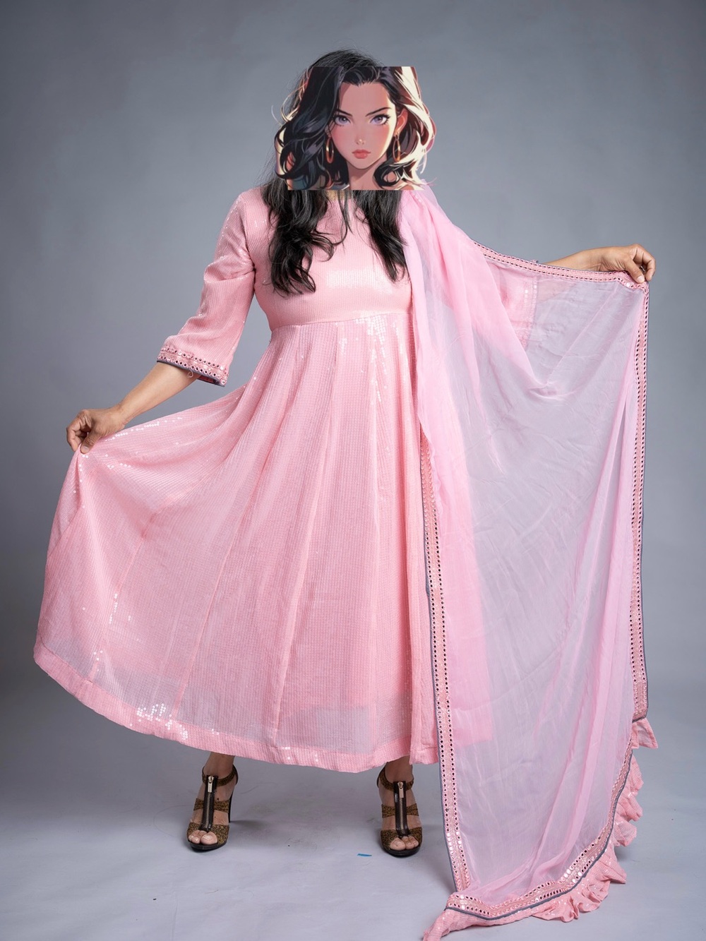 Elegant Pink Anarkali Kurta Set with Sheer Dupatta